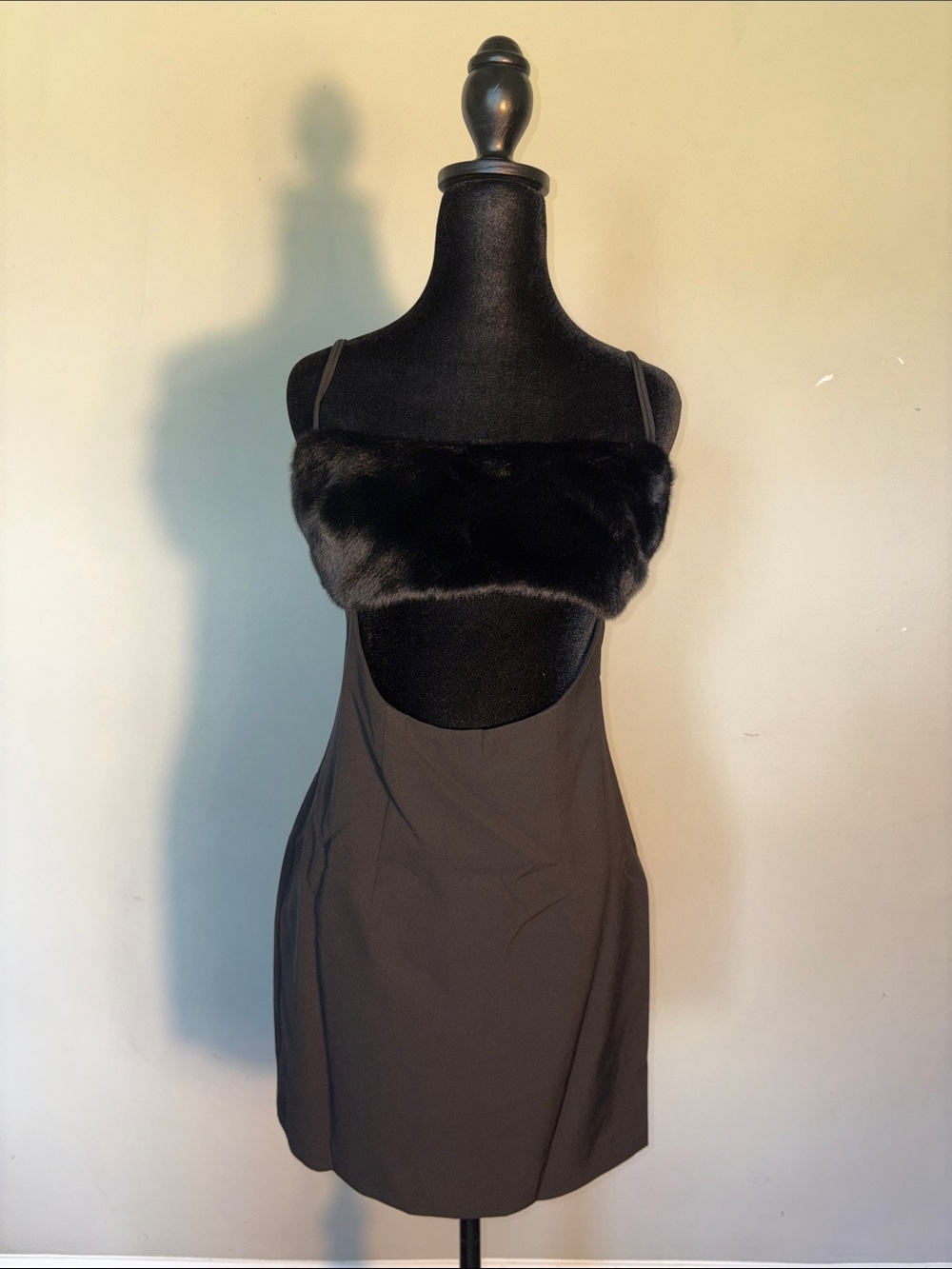 naked wardrobe Black Mini Dress with Faux Fur Bust